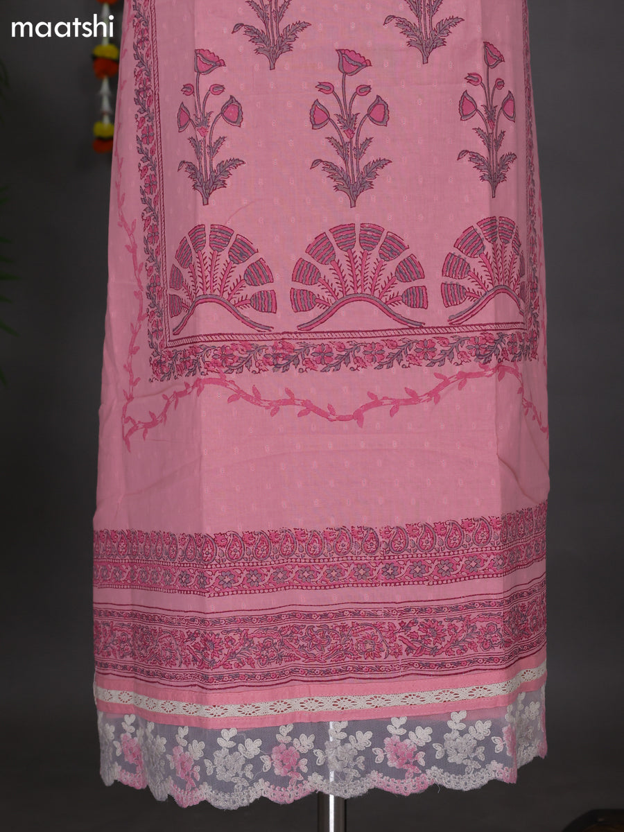 Peach Pink Cotton Dress Material With Block Prints and Bottom & Dupatta