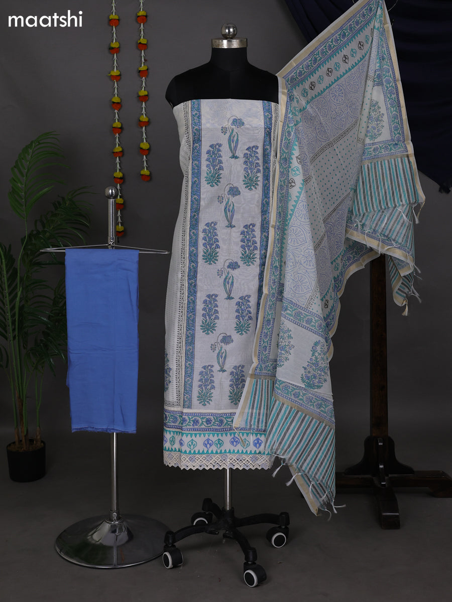 Off White and Blue Chanderi Dress Material With Allover Prints