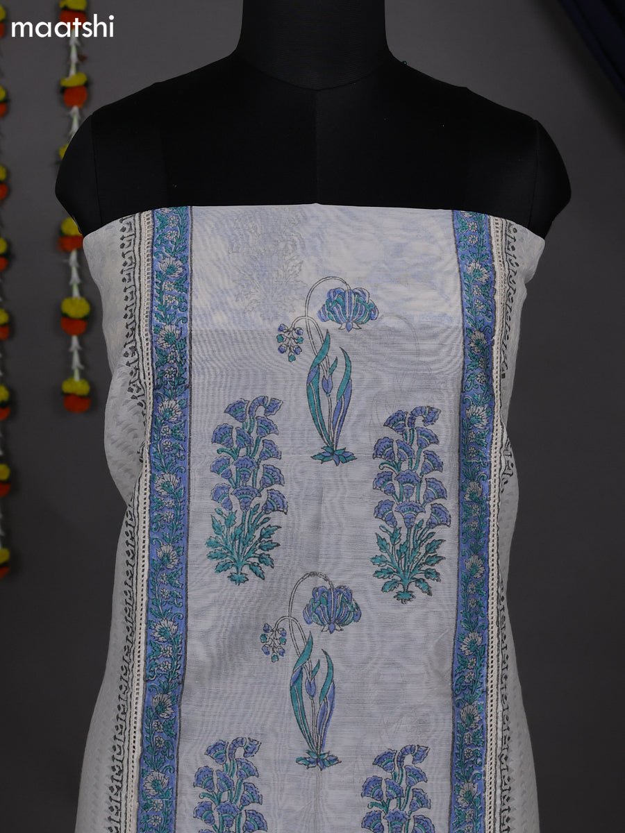 Off White and Blue Chanderi Dress Material With Allover Prints
