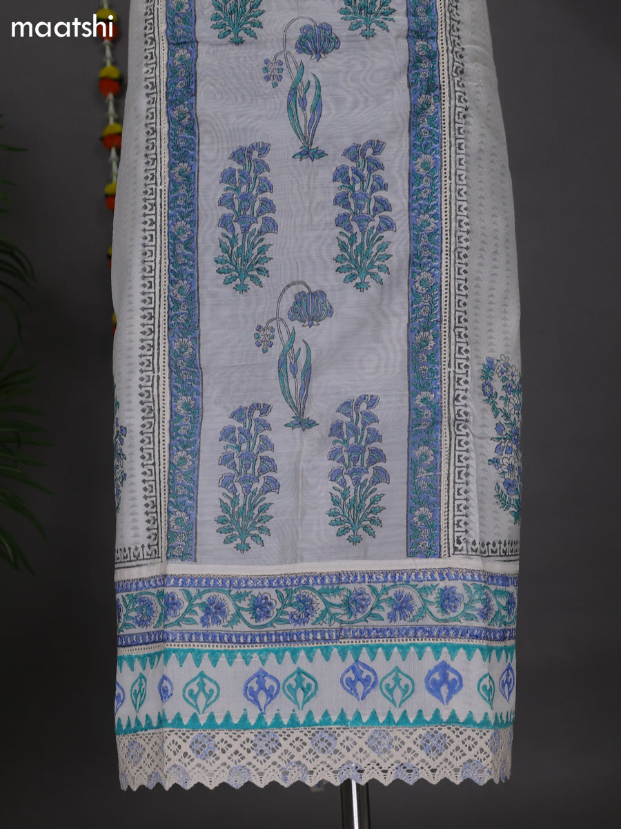 Off White and Blue Chanderi Dress Material With Allover Prints