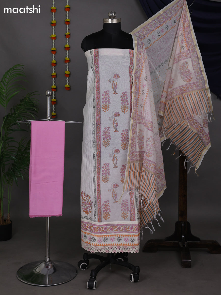 Off White and Pink Chanderi Dress Material With Allover Prints