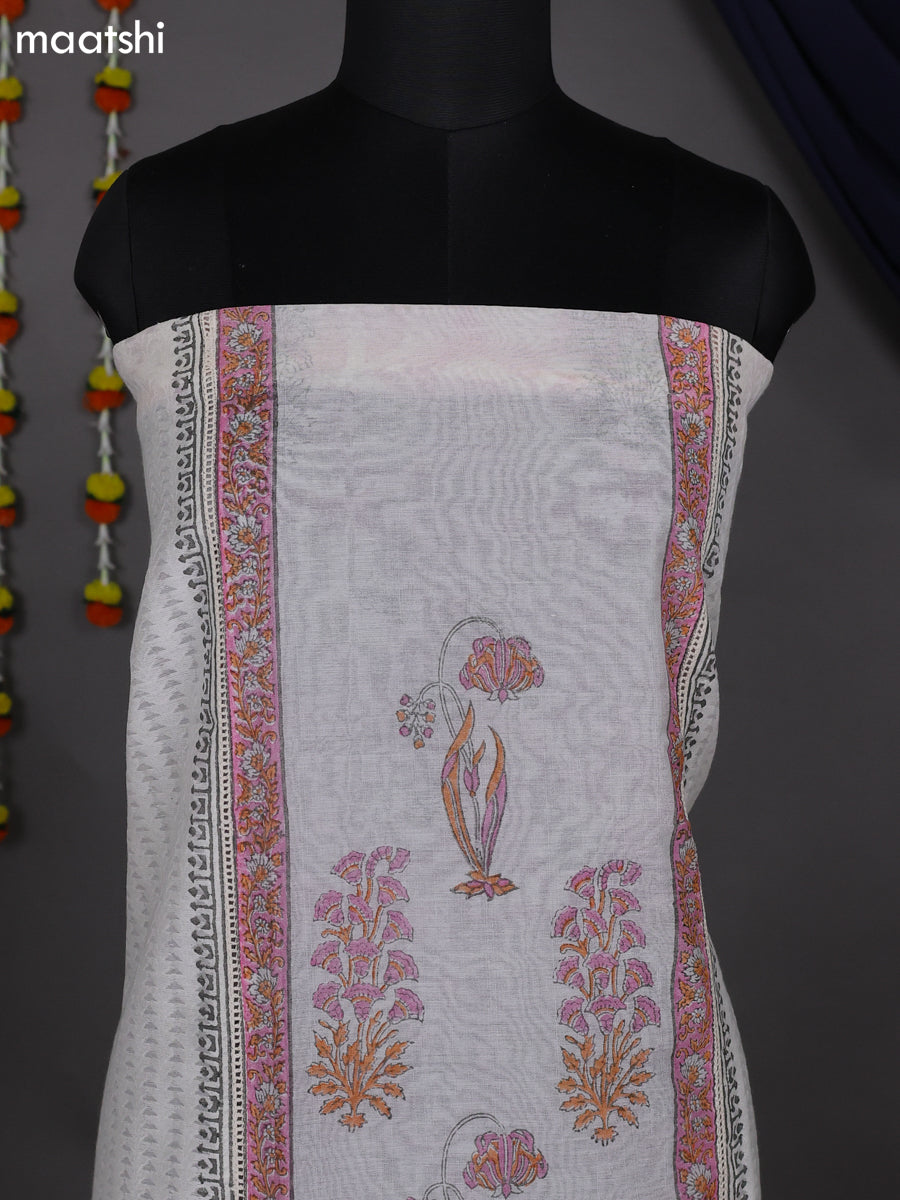 Off White and Pink Chanderi Dress Material With Allover Prints