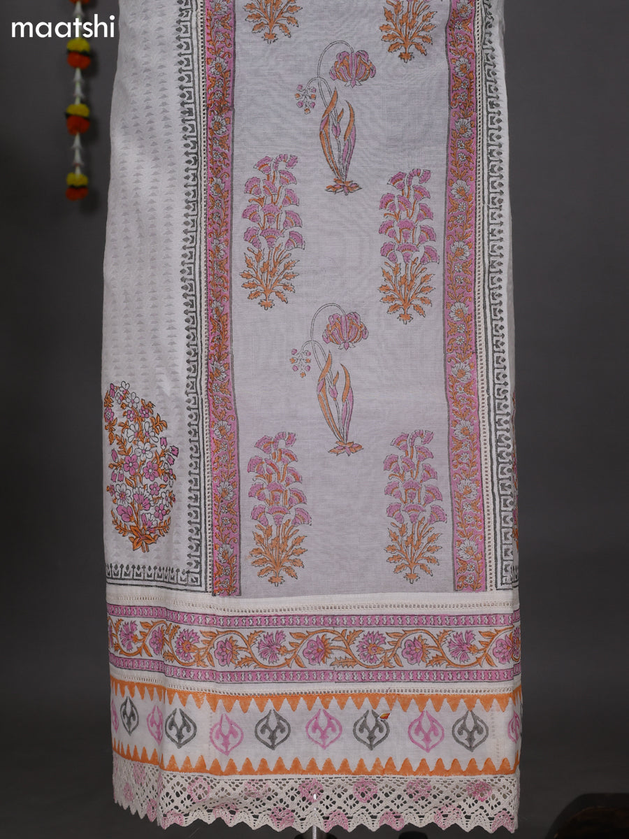 Off White and Pink Chanderi Dress Material With Allover Prints