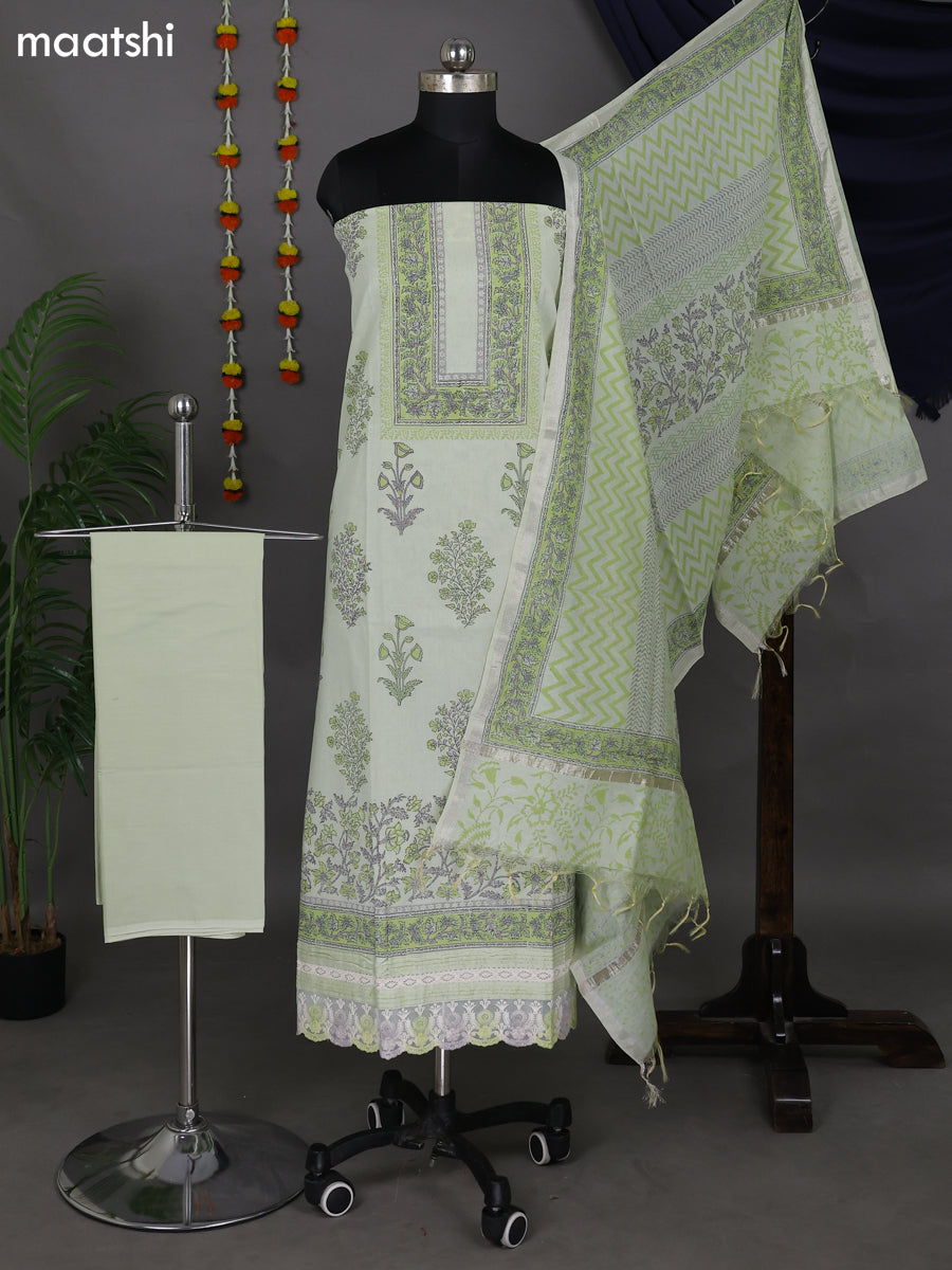 Mild Pista Green Cotton Dress Material With Prints
