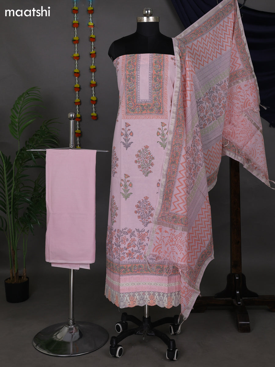 Baby Pink Cotton Dress Material With Prints