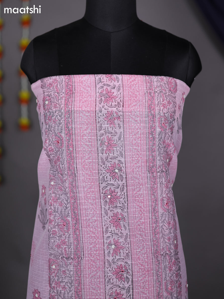 Peach Pink Kota Dress Material With Prints & Embroidery Work Pattern and Bottom & Dupatta