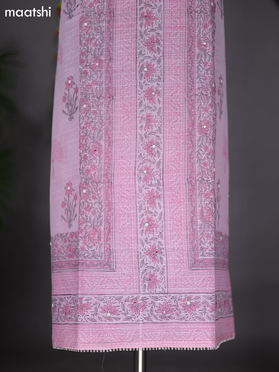 Peach Pink Kota Dress Material With Prints & Embroidery Work Pattern and Bottom & Dupatta