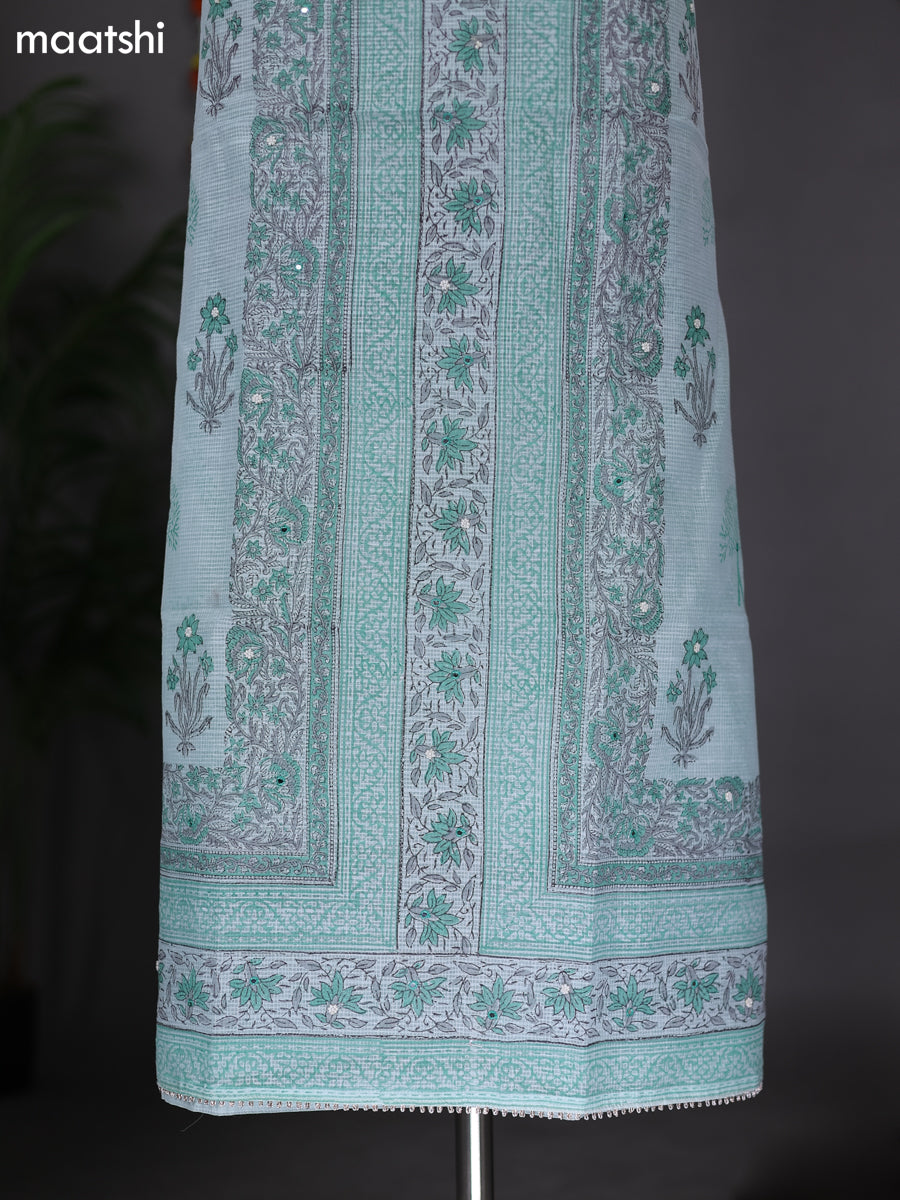 Teal Blue Shade Kota Dress Material With Prints & Embroidery Work Pattern and Bottom & Dupatta