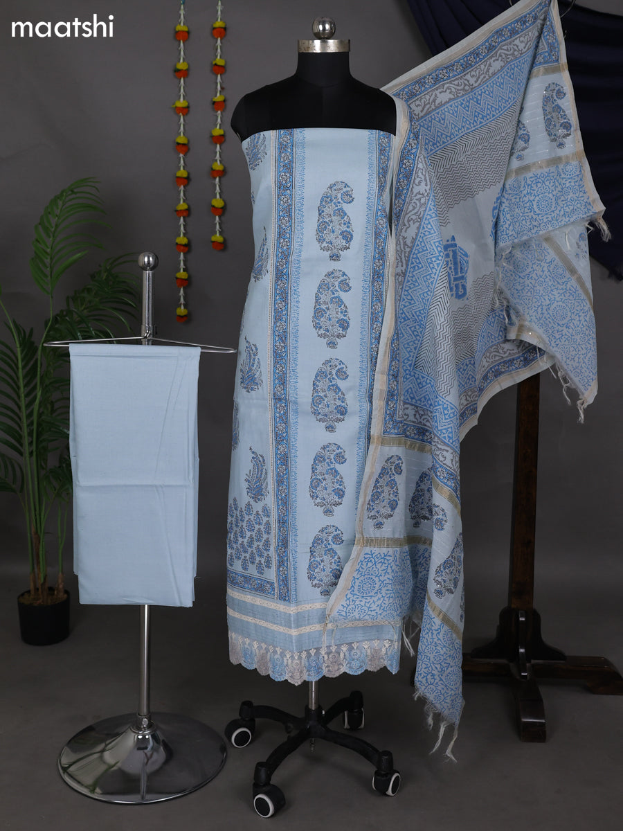 Pastel Blue Cotton Dress Material With Prints