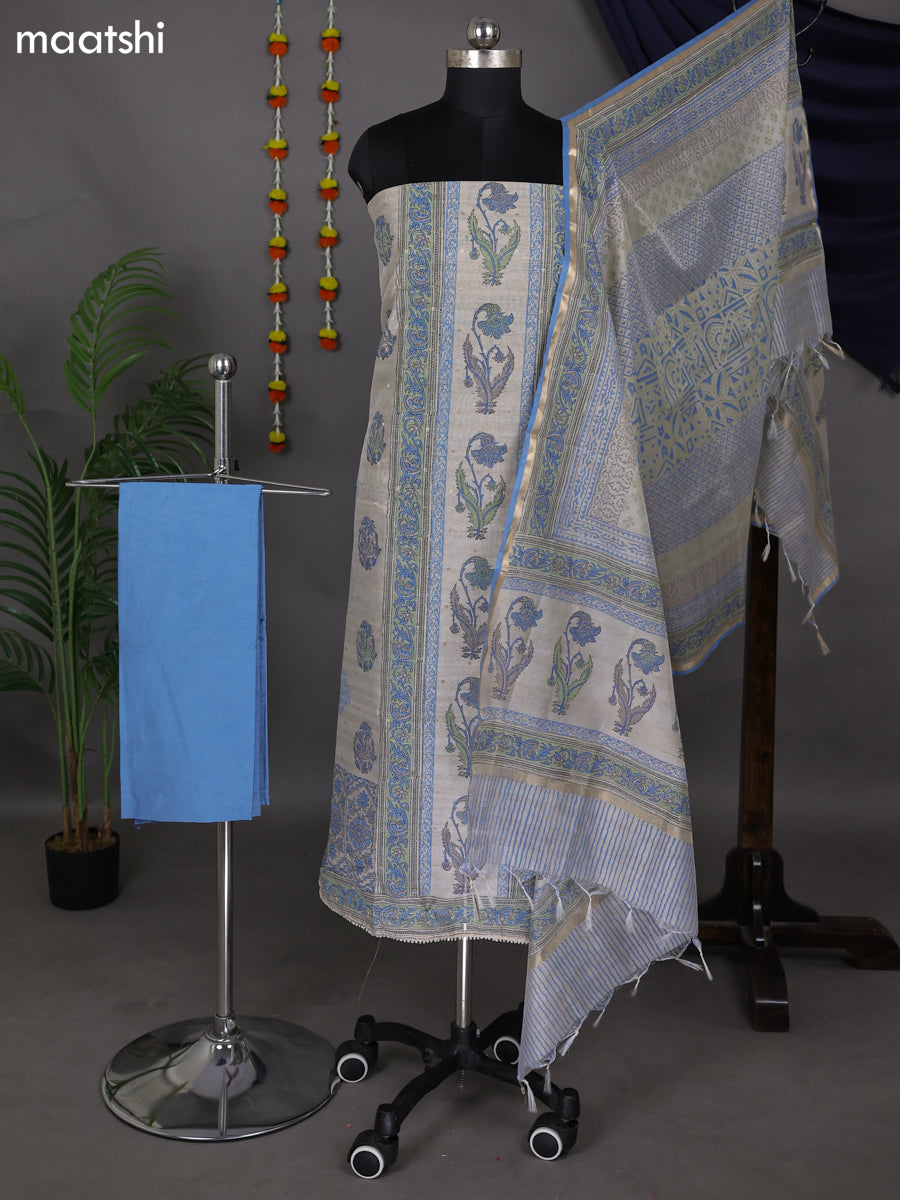 Beige and Blue Chanderi Dress Material With Allover Prints