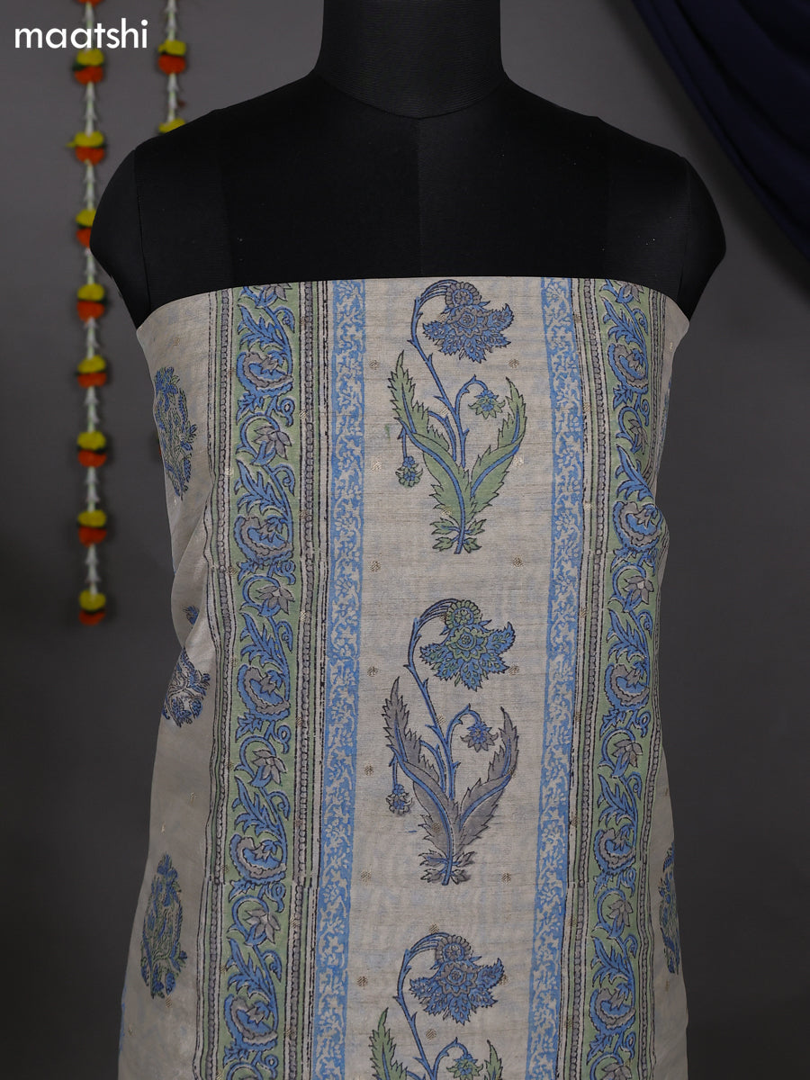 Beige and Blue Chanderi Dress Material With Allover Prints