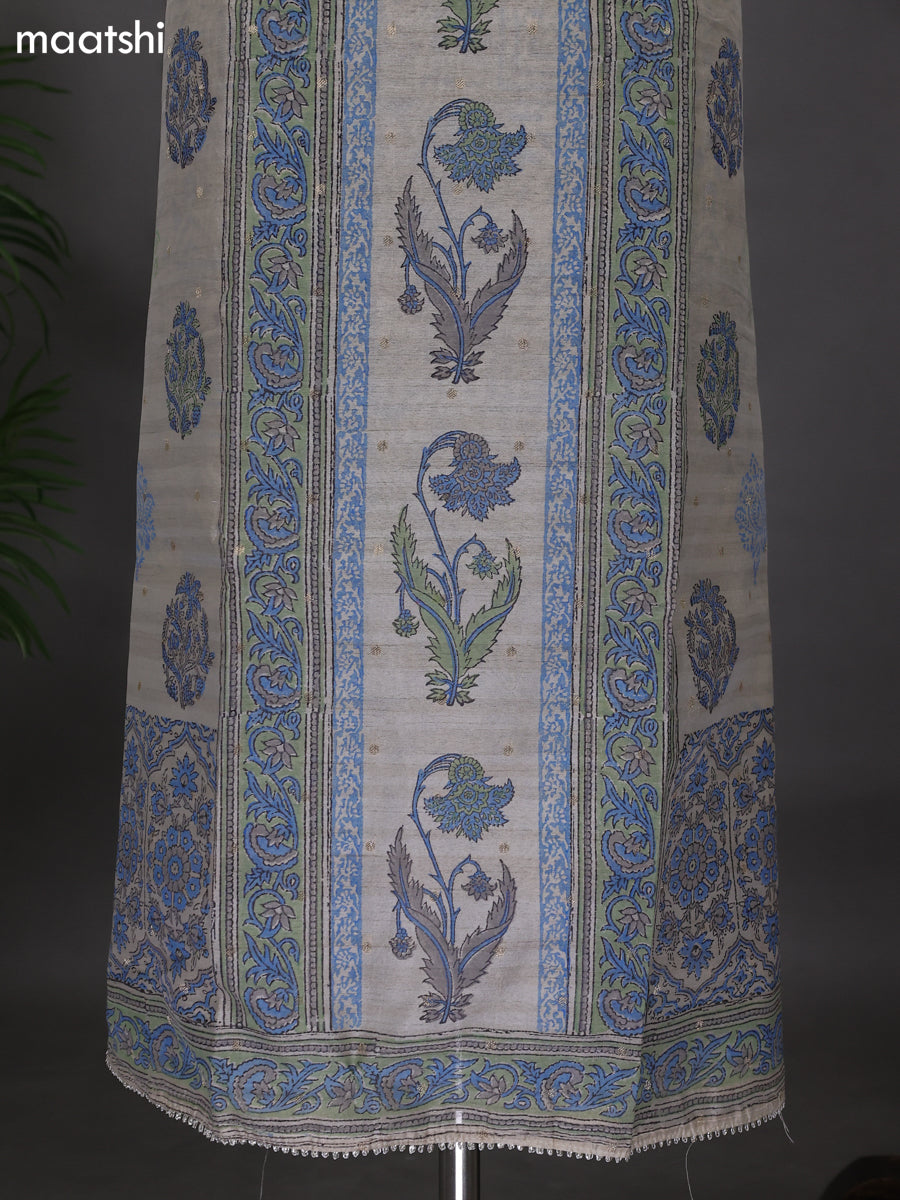 Beige and Blue Chanderi Dress Material With Allover Prints