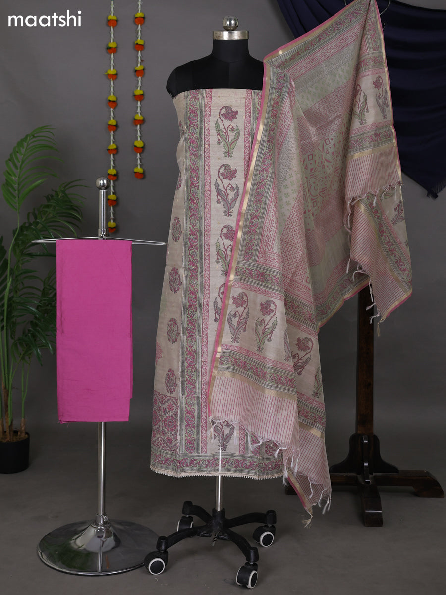 Beige and Peach Pink Chanderi Dress Material With Allover Prints