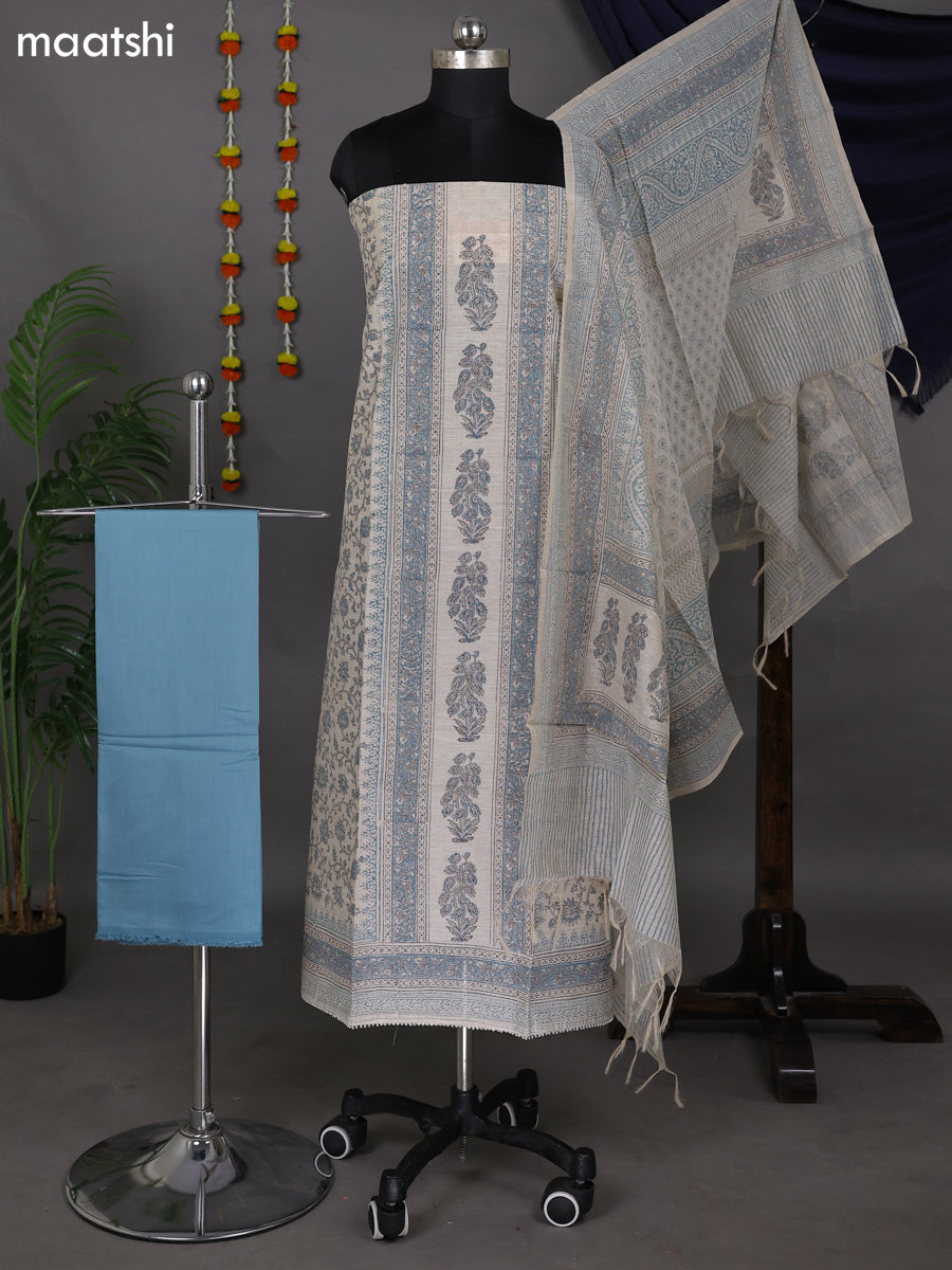Beige and Grey Shade Cotton Dress Material With Allover Prints