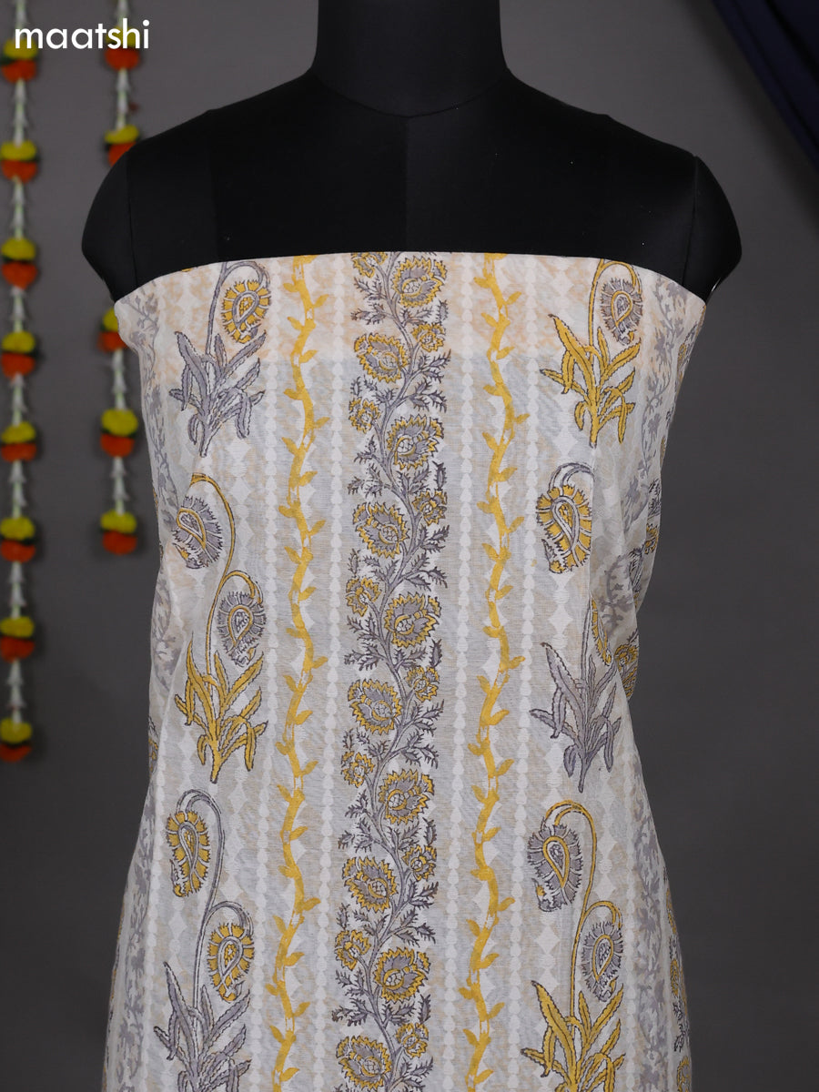 Off White and Yellow Cotton Dress Material With Allover Prints