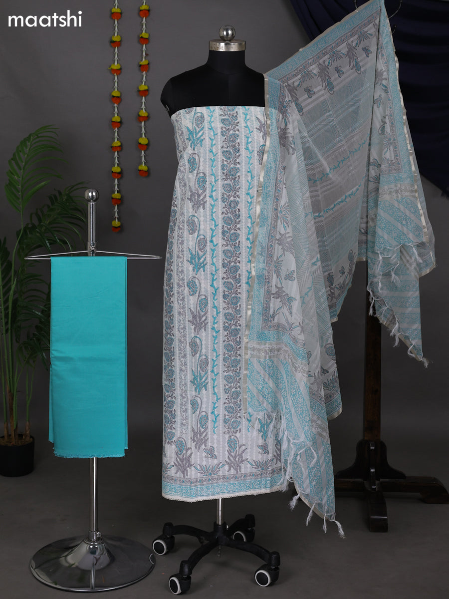 Off White and Teal Blue Cotton Dress Material With Allover Prints