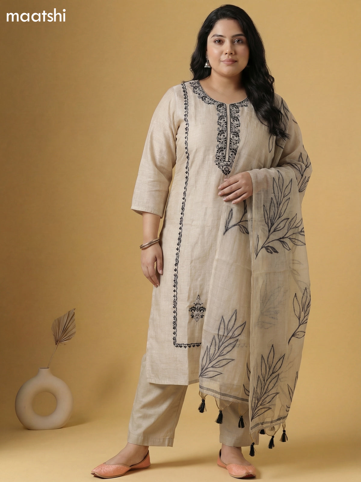 Beige and Black Linen Cotton Embroidery Work Straight Suit