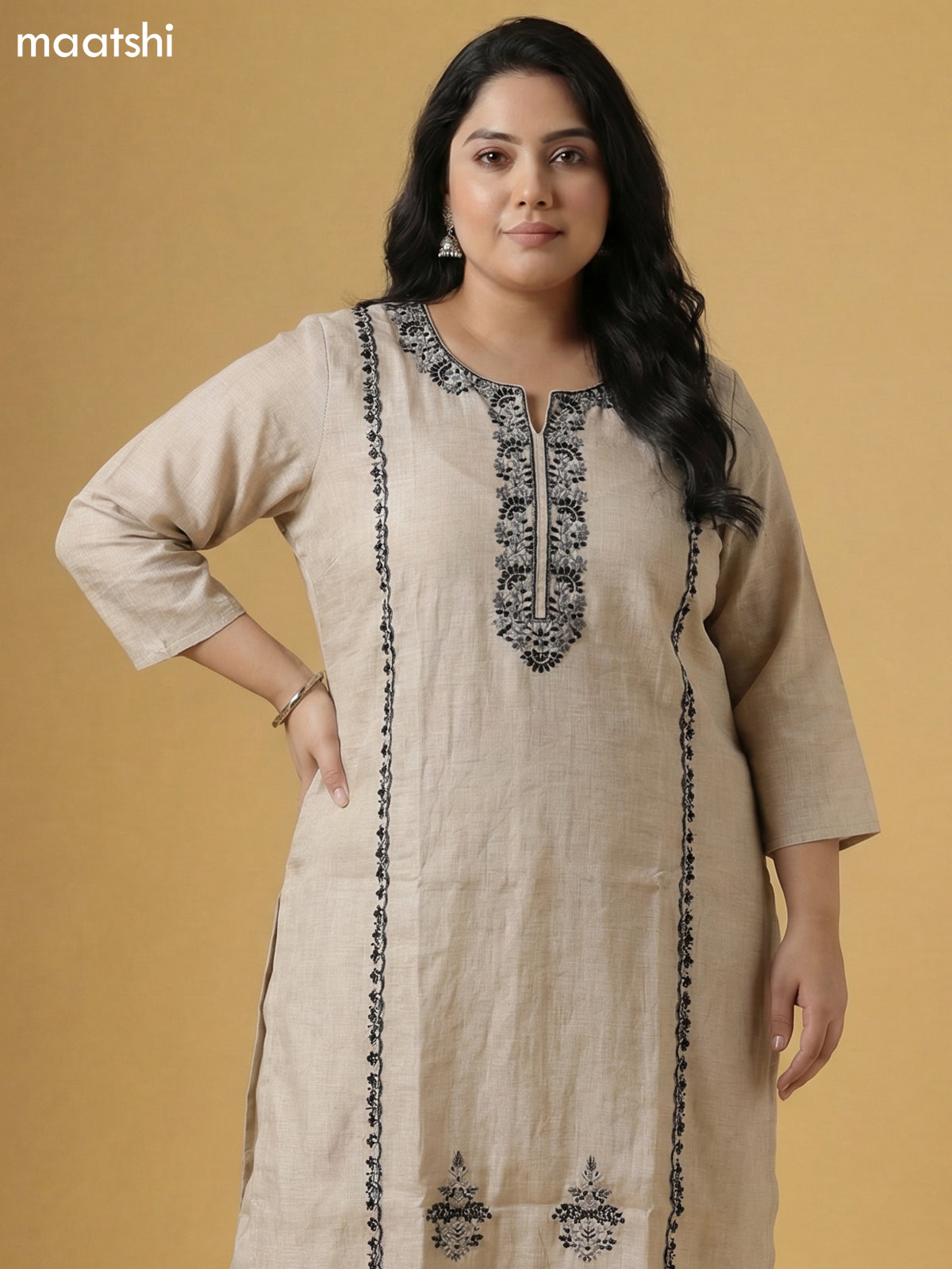Beige and Black Linen Cotton Embroidery Work Straight Suit