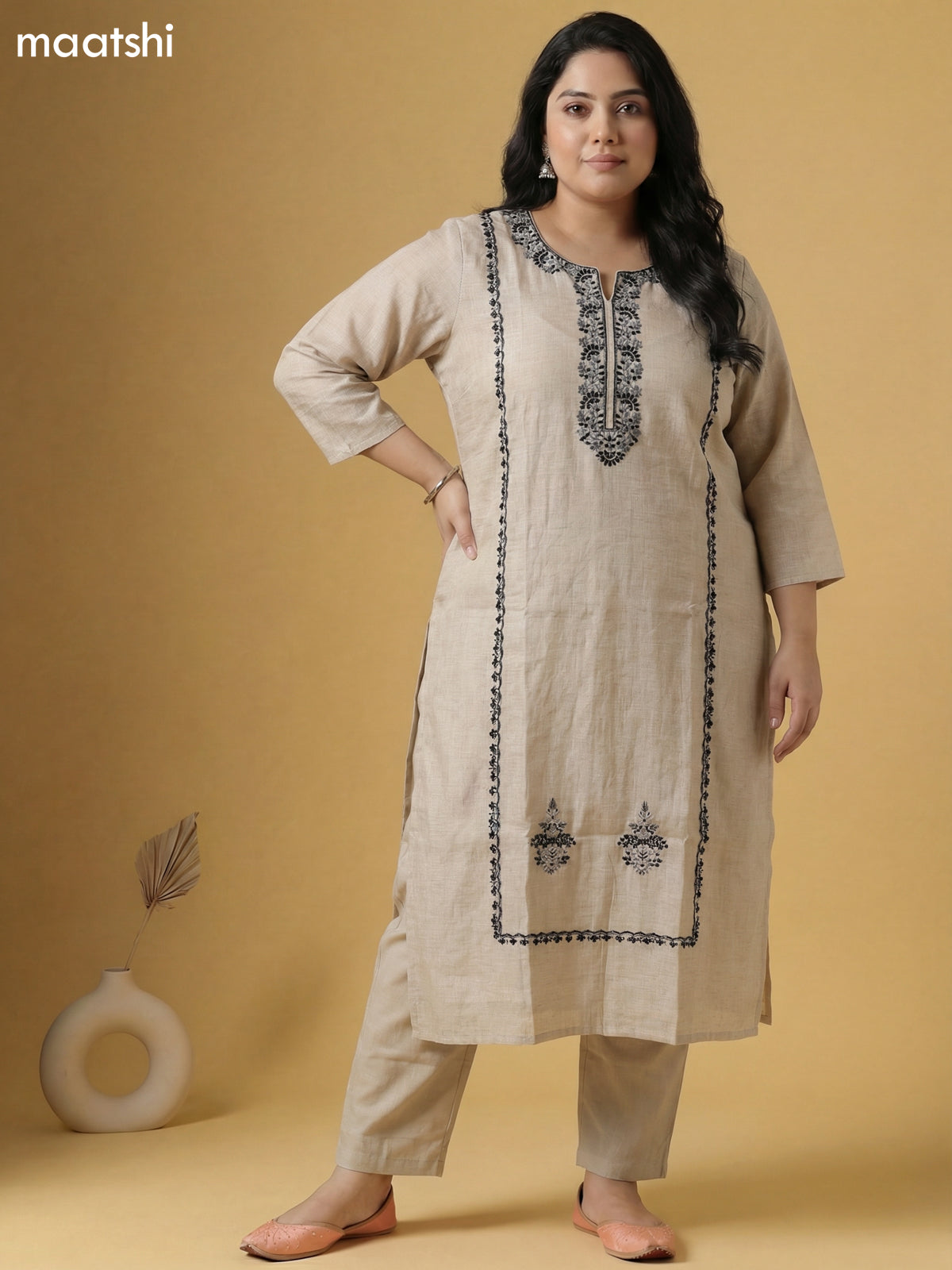 Beige and Black Linen Cotton Embroidery Work Straight Suit