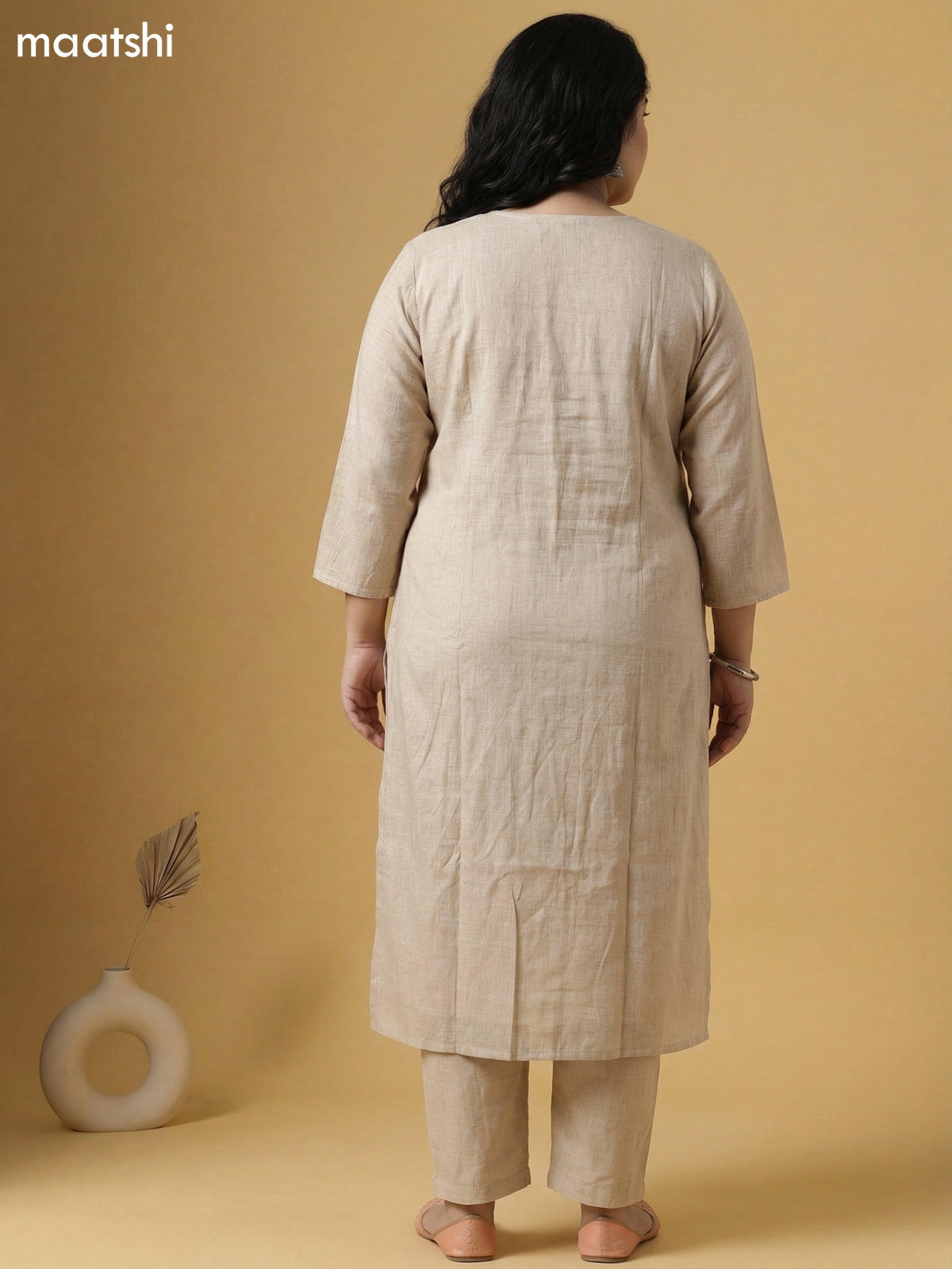 Beige and Black Linen Cotton Embroidery Work Straight Suit