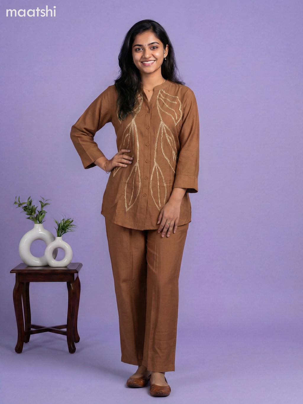 Brown Rayon Embroidery Work Short Co-Ord Set