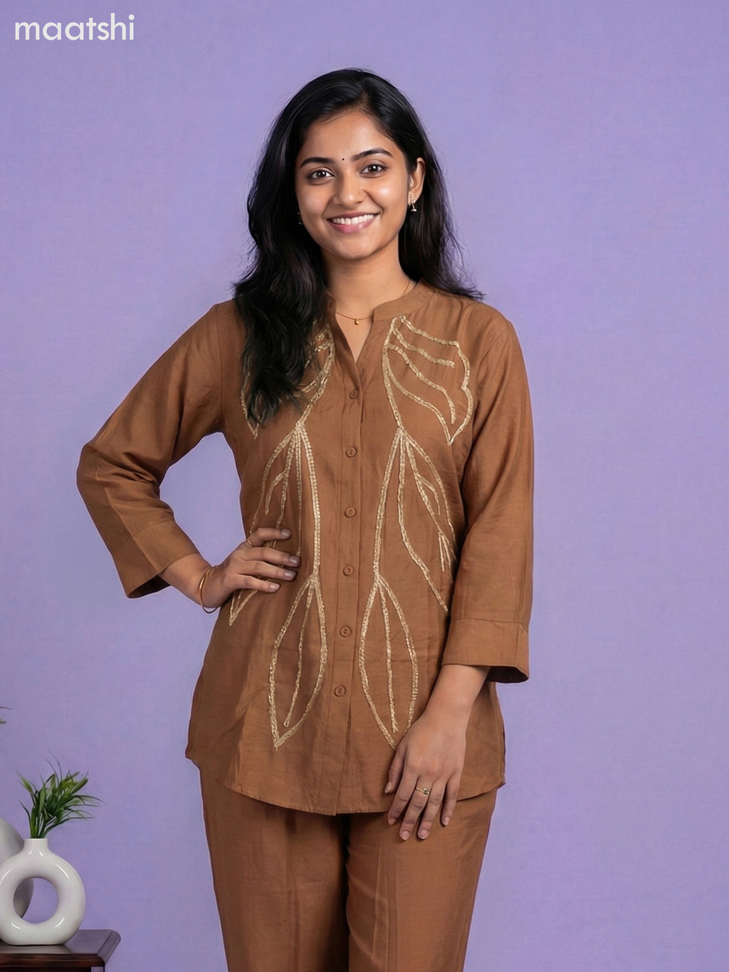 Brown Rayon Embroidery Work Short Co-Ord Set
