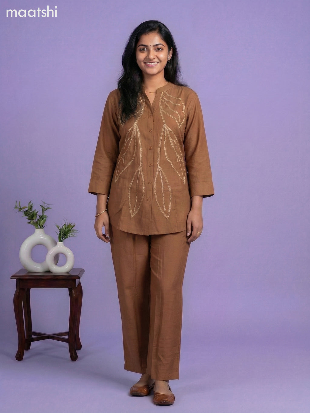 Brown Rayon Embroidery Work Short Co-Ord Set