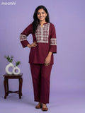 Maroon Rayon Embroidery Work Short Co-Ord Set