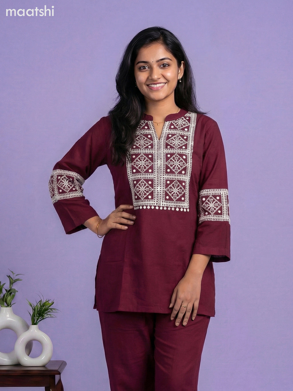 Maroon Rayon Embroidery Work Short Co-Ord Set