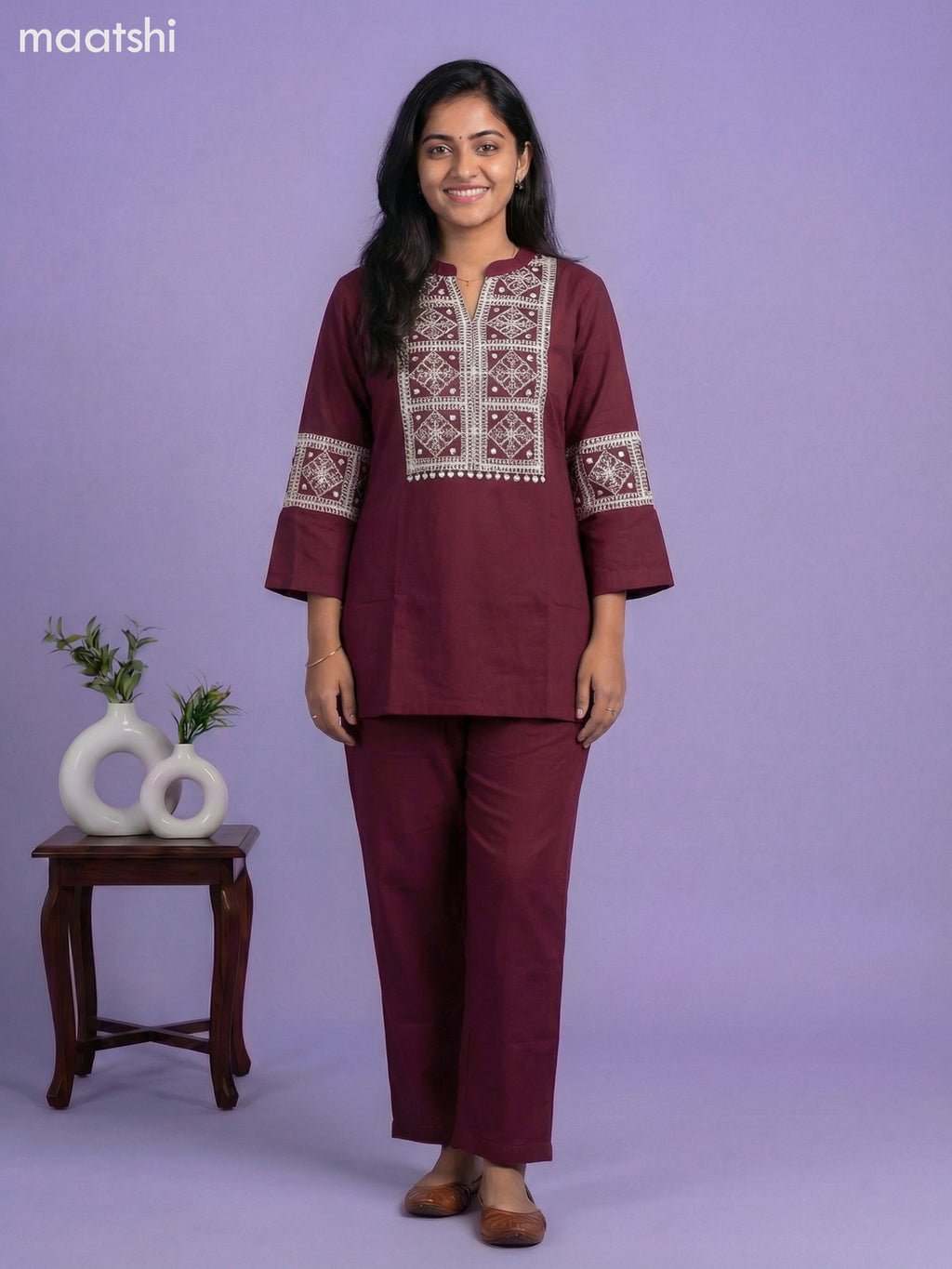 Maroon Rayon Embroidery Work Short Co-Ord Set