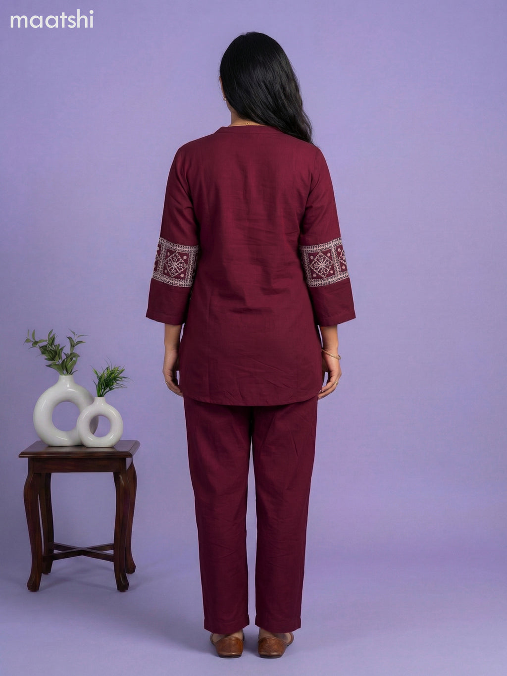 Maroon Rayon Embroidery Work Short Co-Ord Set
