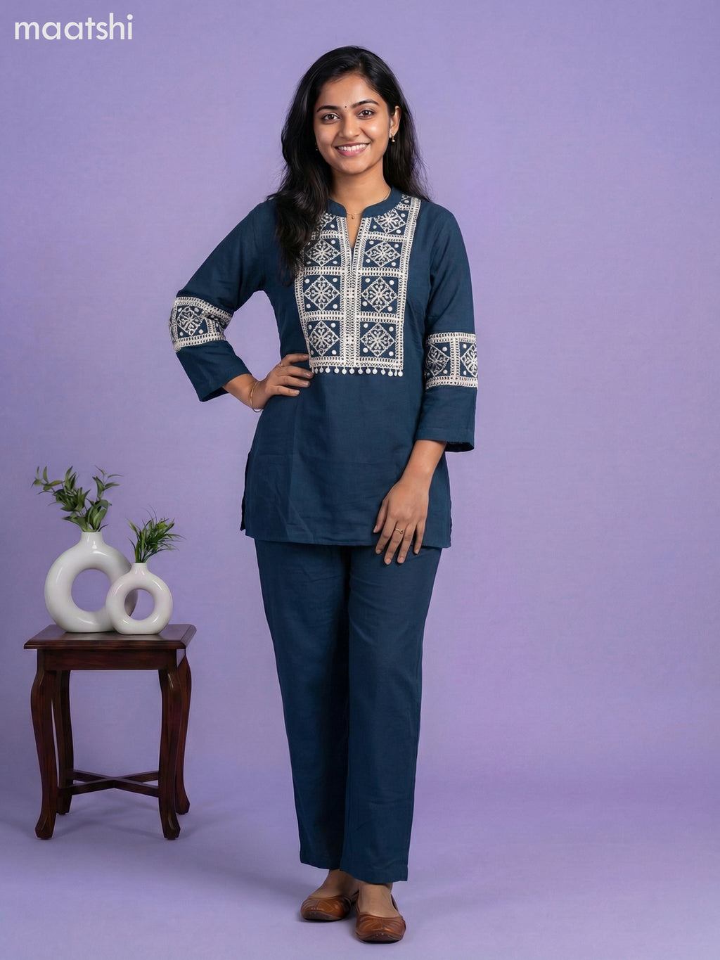 Peacock Green Rayon Embroidery Work Short Co-Ord Set