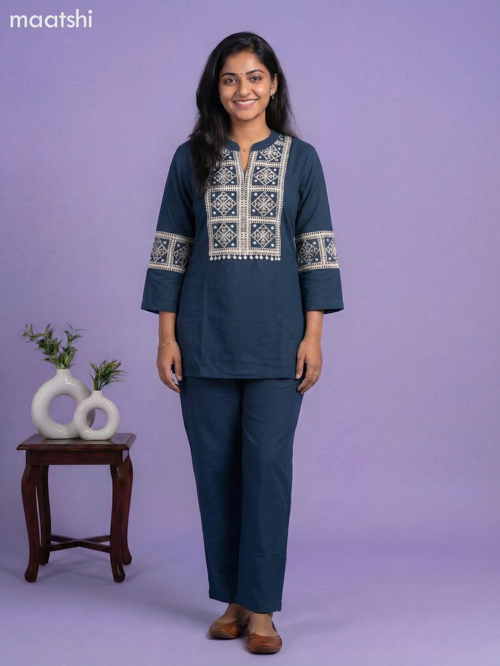 Peacock Green Rayon Embroidery Work Short Co-Ord Set