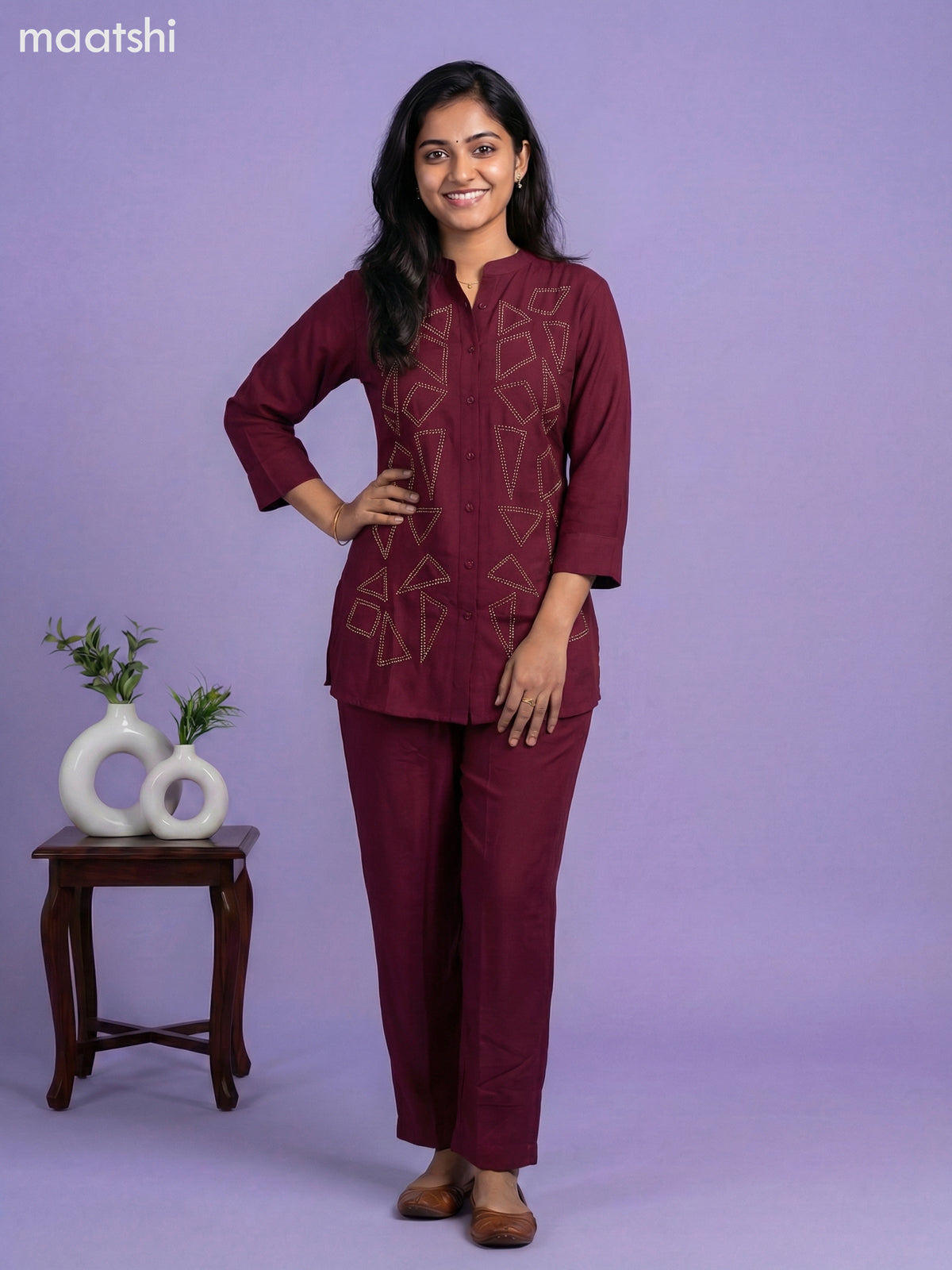 Maroon Rayon Embroidery Work Short Co-Ord Set