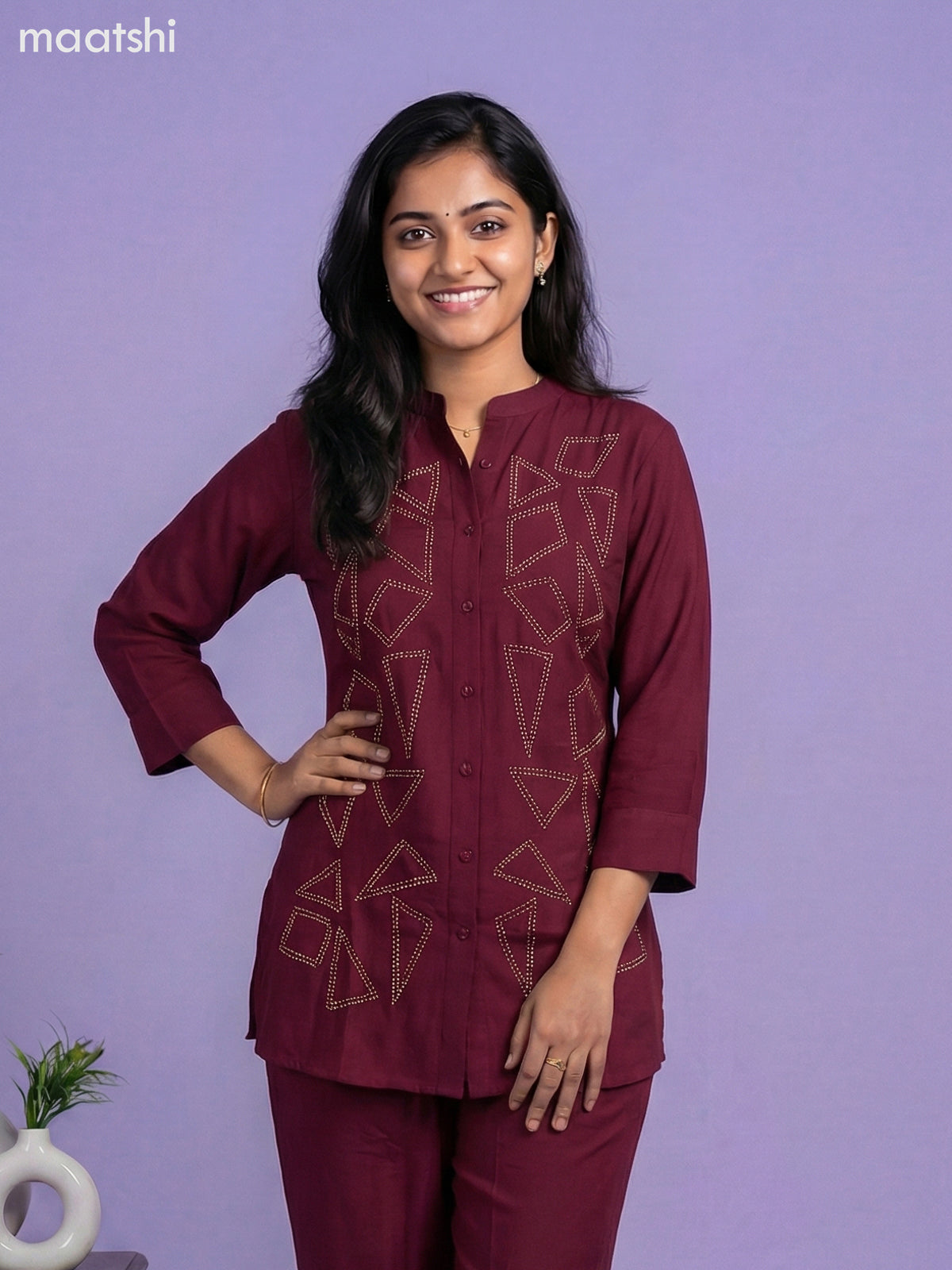 Maroon Rayon Embroidery Work Short Co-Ord Set
