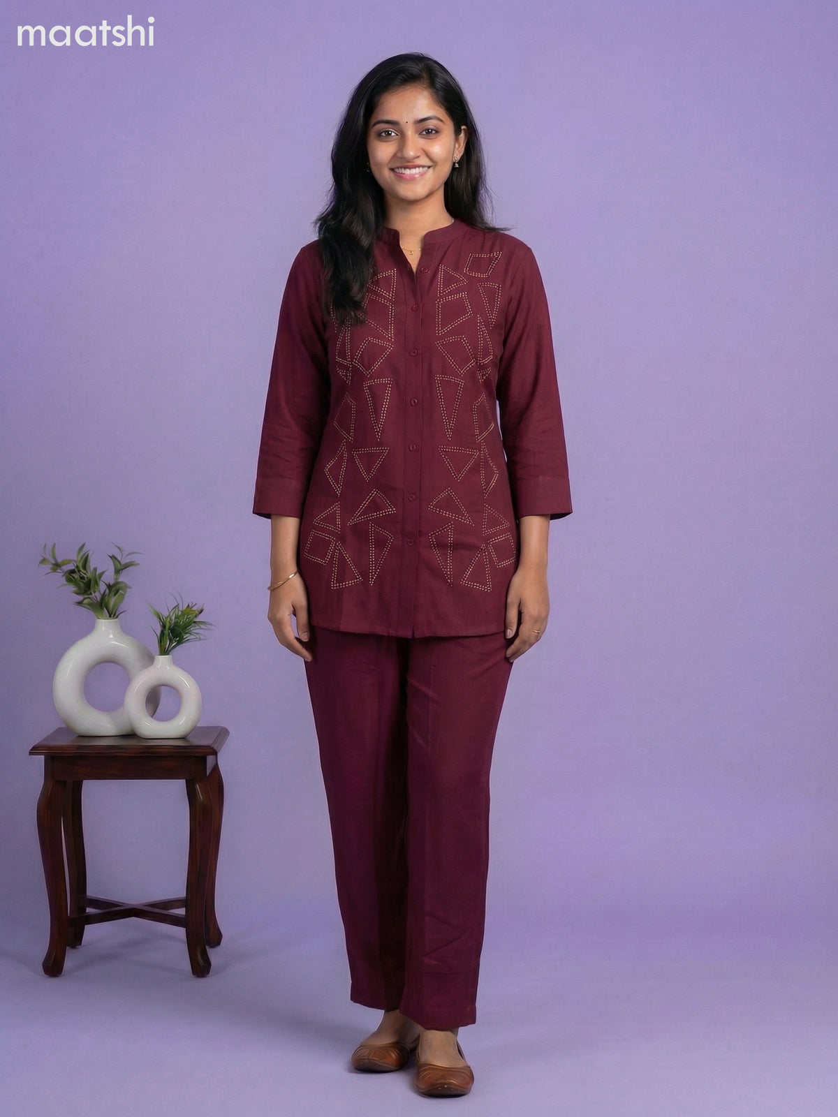 Maroon Rayon Embroidery Work Short Co-Ord Set