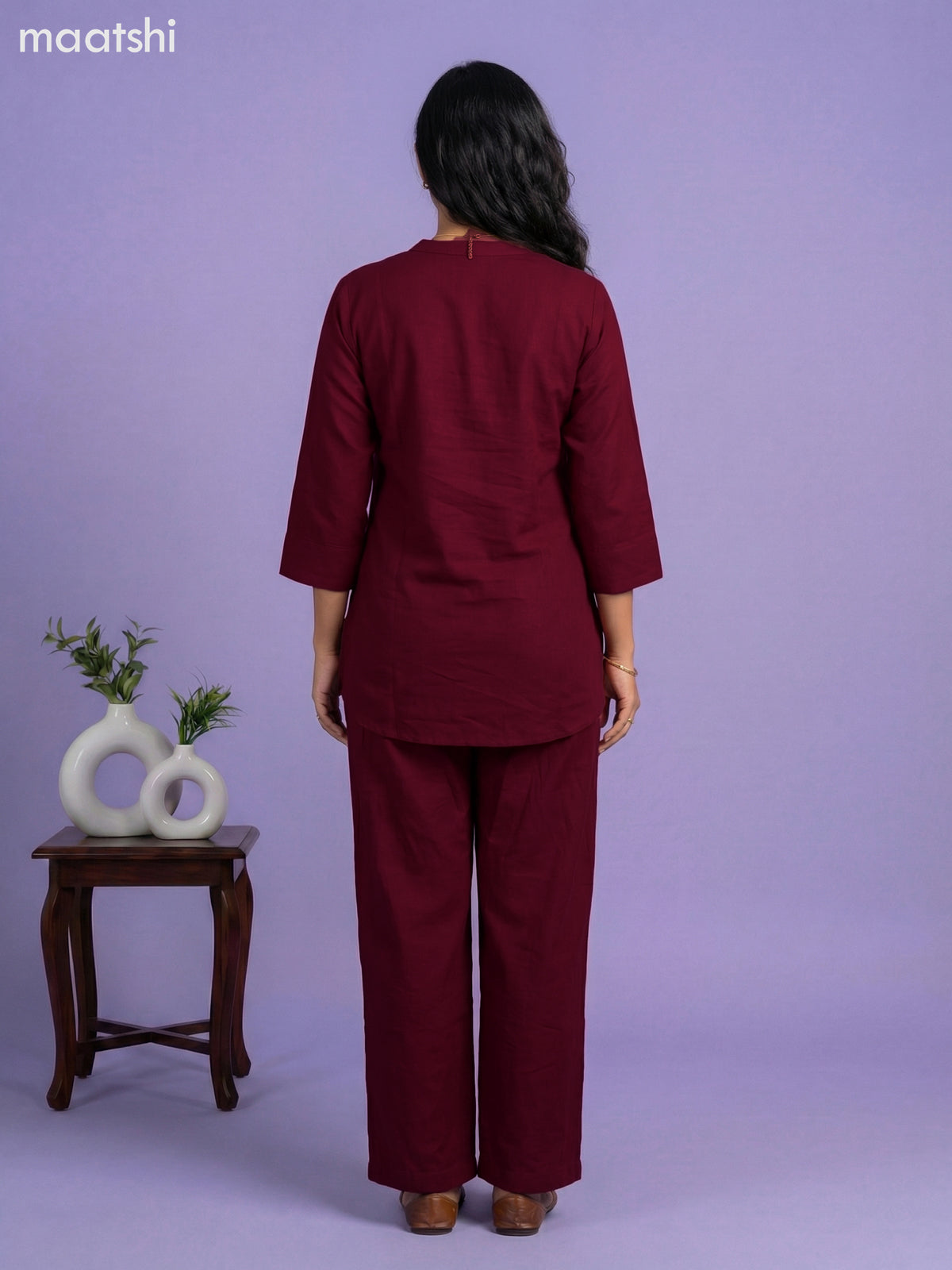 Maroon Rayon Embroidery Work Short Co-Ord Set