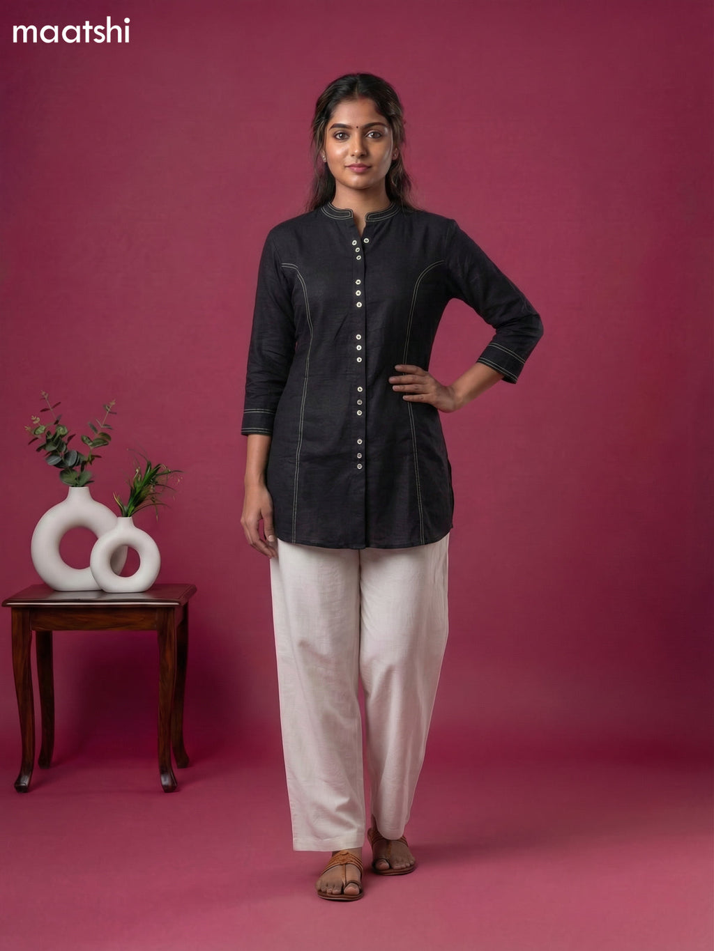 Black and Cream Rayon Simple Short Kurti Set