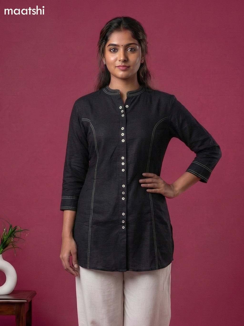 Black and Cream Rayon Simple Short Kurti Set