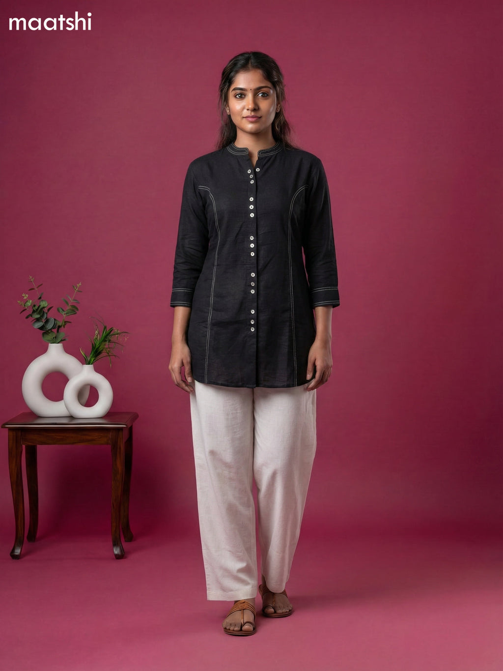 Black and Cream Rayon Simple Short Kurti Set