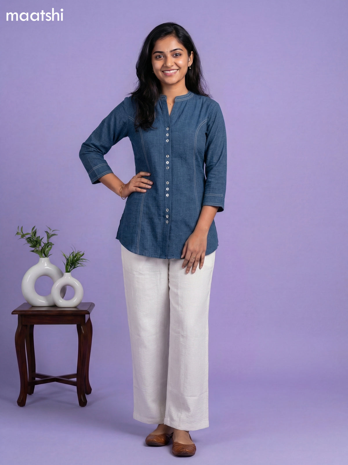 Peacock Blue and Cream Rayon Simple Short Kurti Set