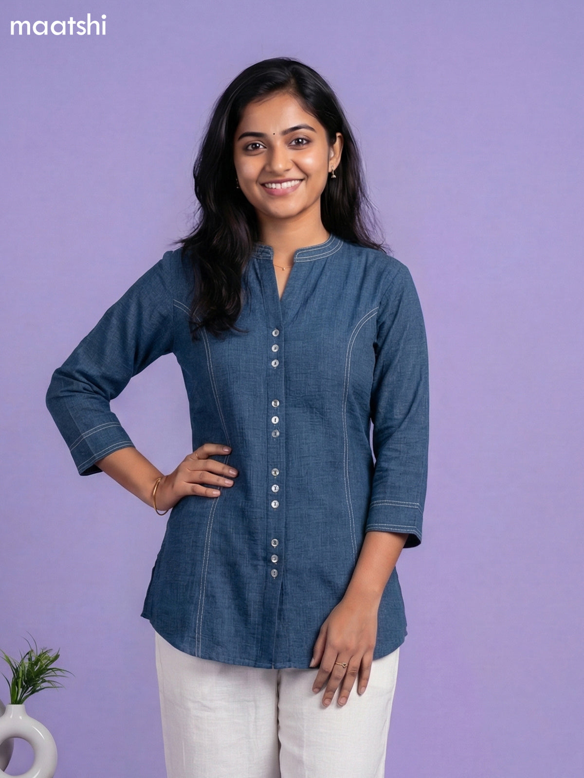 Peacock Blue and Cream Rayon Simple Short Kurti Set