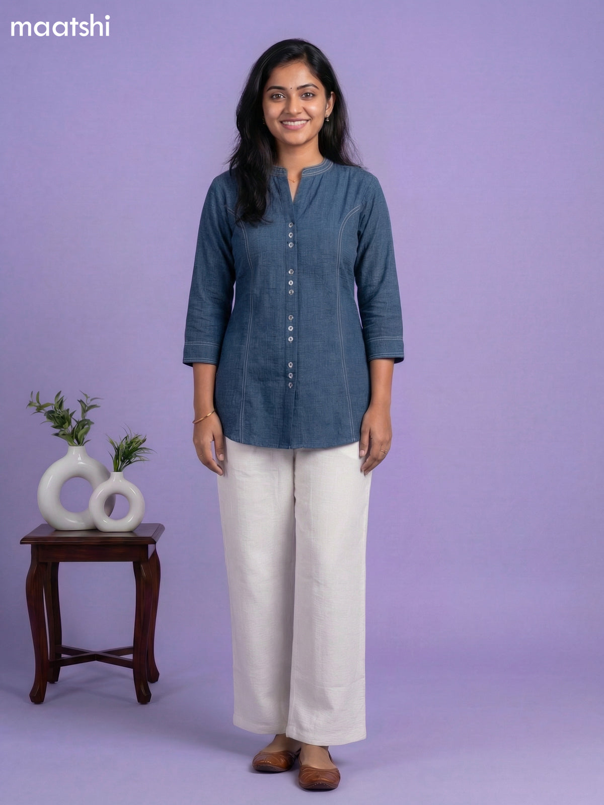 Peacock Blue and Cream Rayon Simple Short Kurti Set