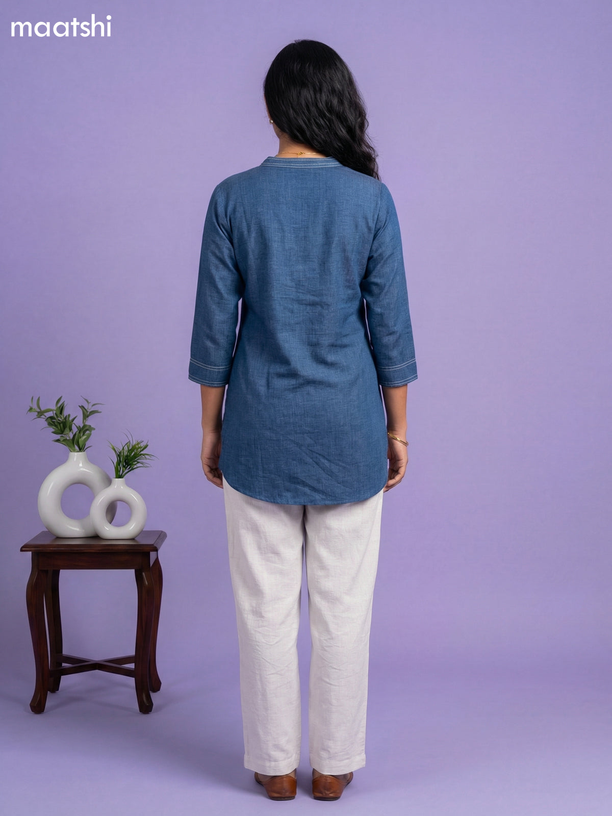 Peacock Blue and Cream Rayon Simple Short Kurti Set