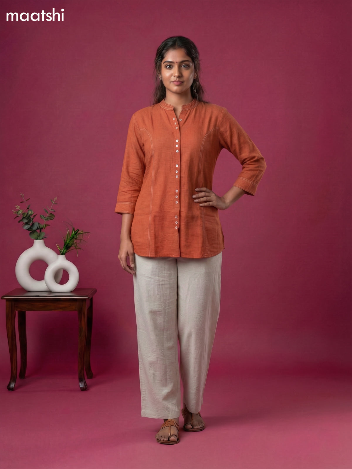 Rust Shade and Cream Rayon Simple Short Kurti Set