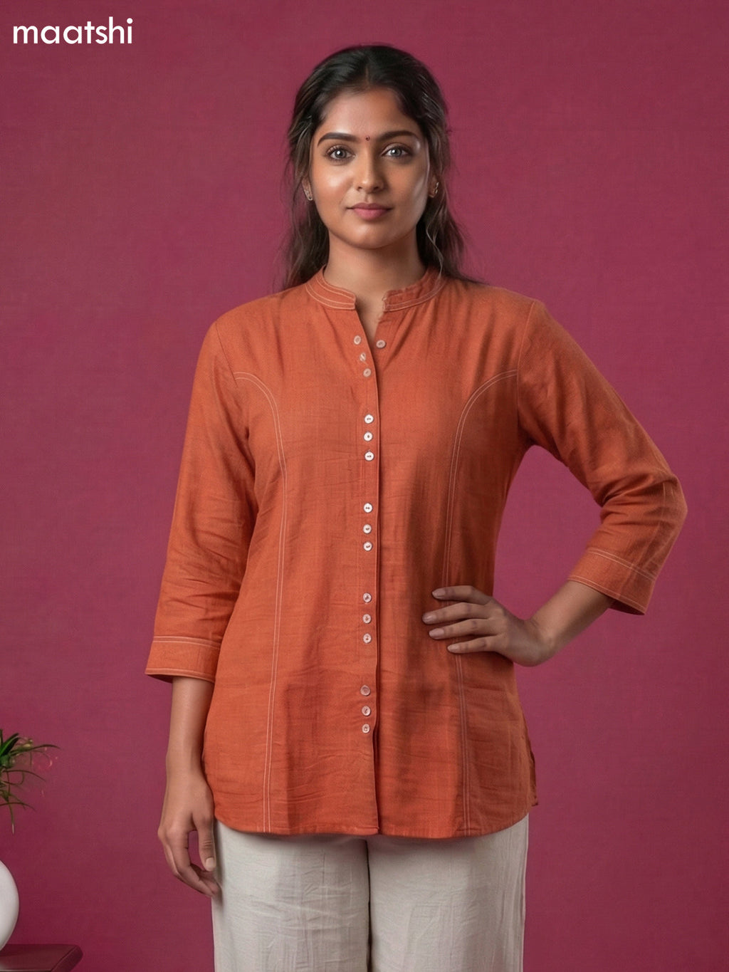 Rust Shade and Cream Rayon Simple Short Kurti Set