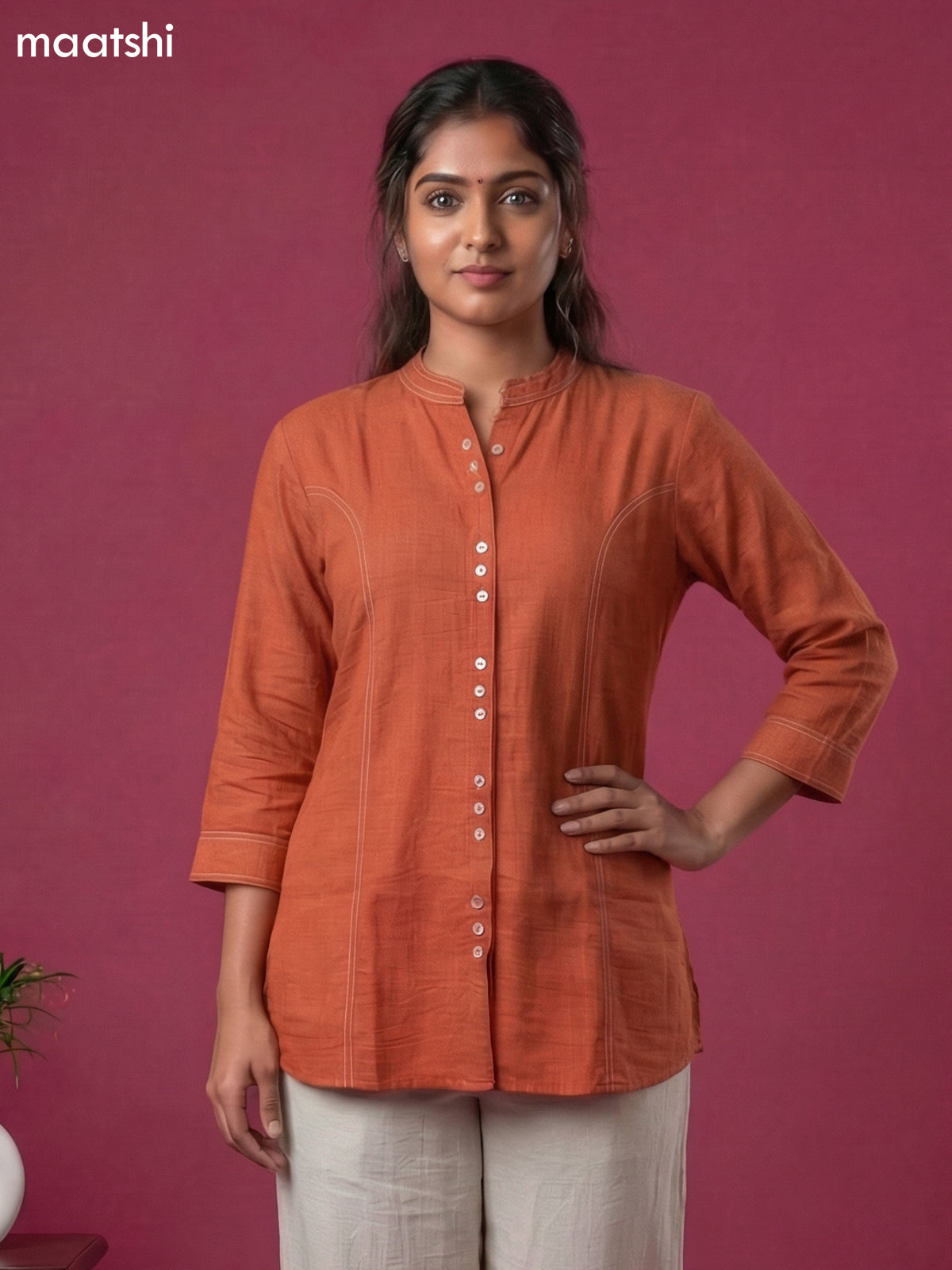 Rust Shade and Cream Rayon Simple Short Kurti Set