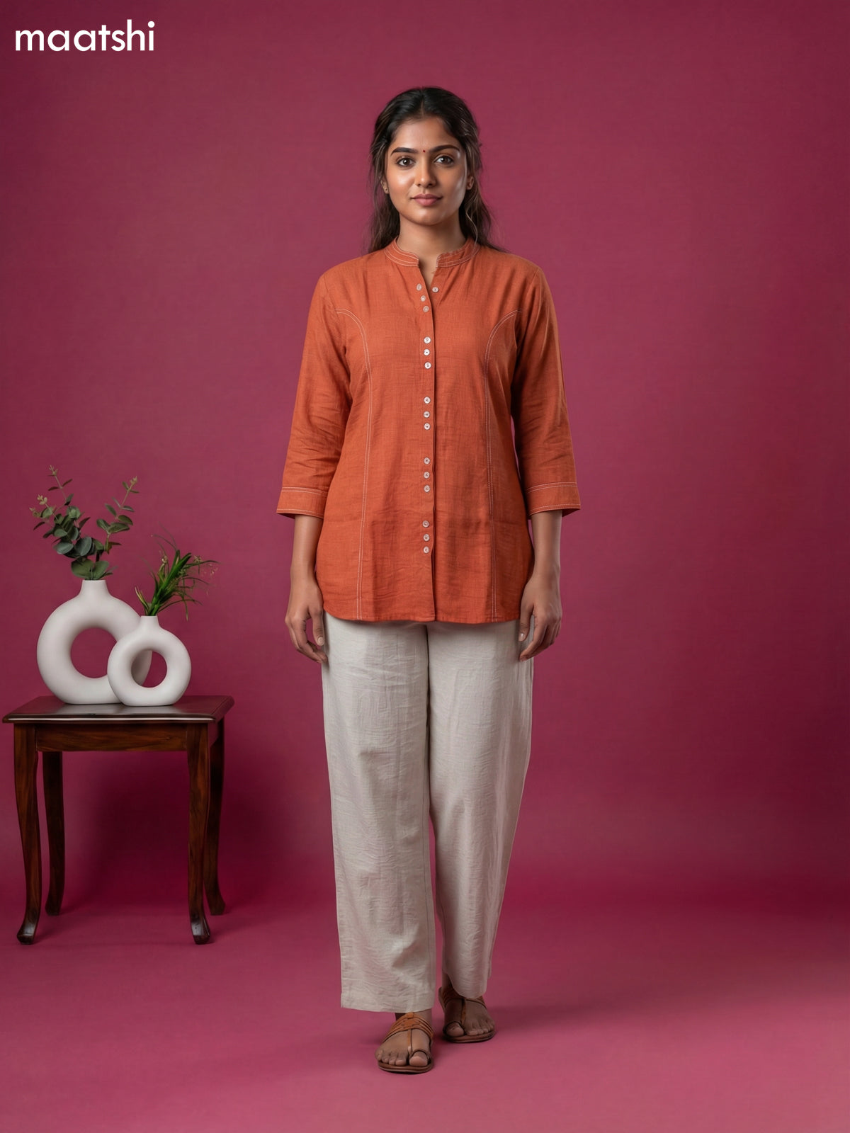 Rust Shade and Cream Rayon Simple Short Kurti Set