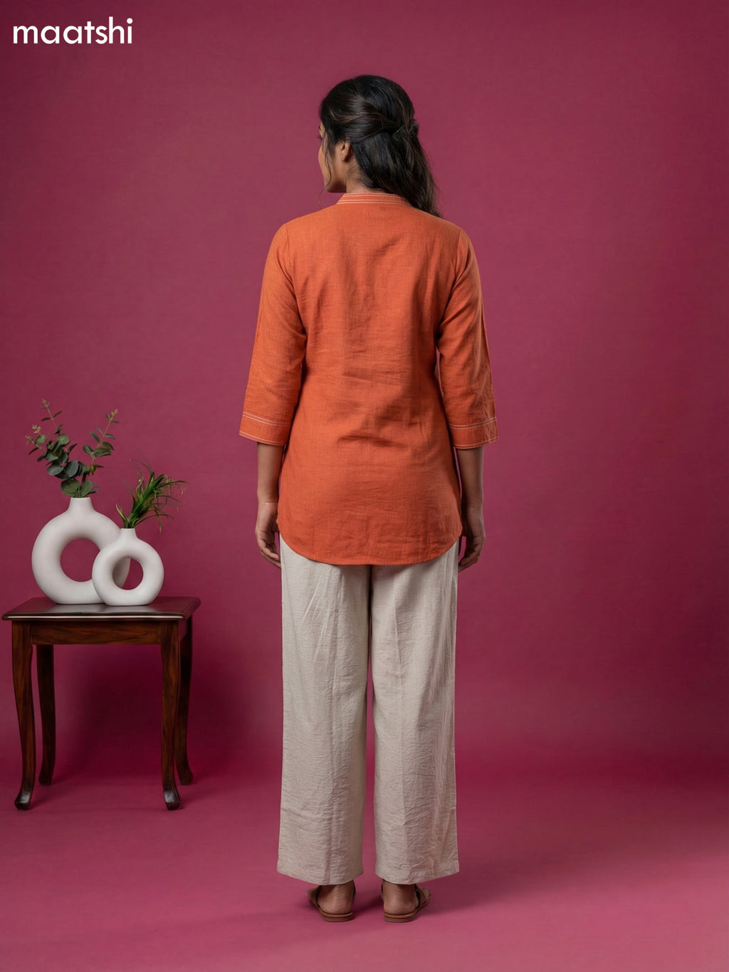 Rust Shade and Cream Rayon Simple Short Kurti Set