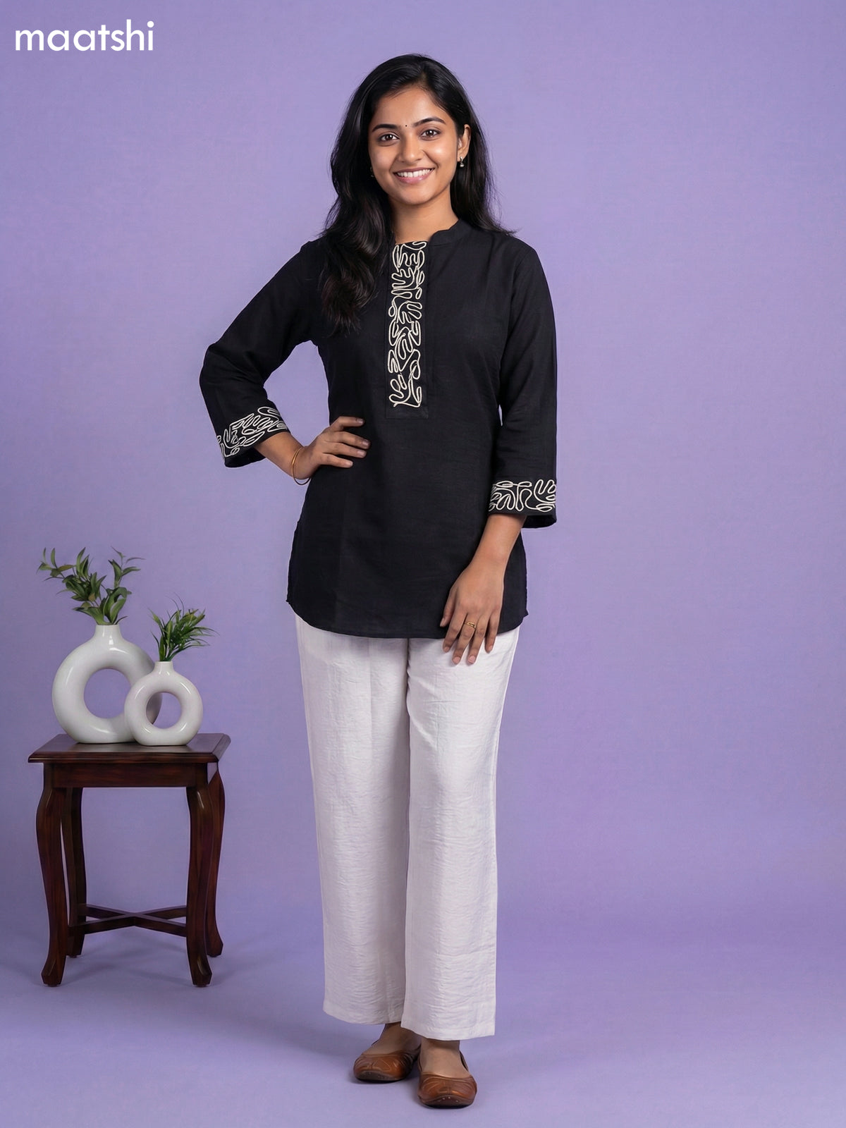 Black and Cream Rayon Simple Embroidery Work Short Kurti Set